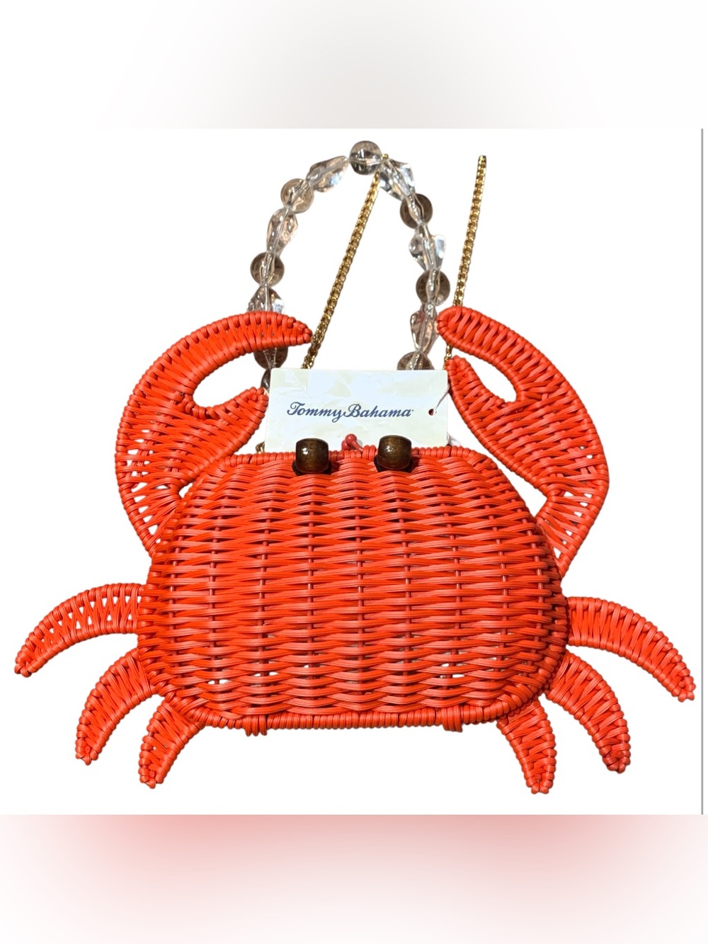 Tommy Bahama Red Crab Woven Straw Wicker Bag Gold Chain Crossbody & Clear Beads - Picture 2 of 7